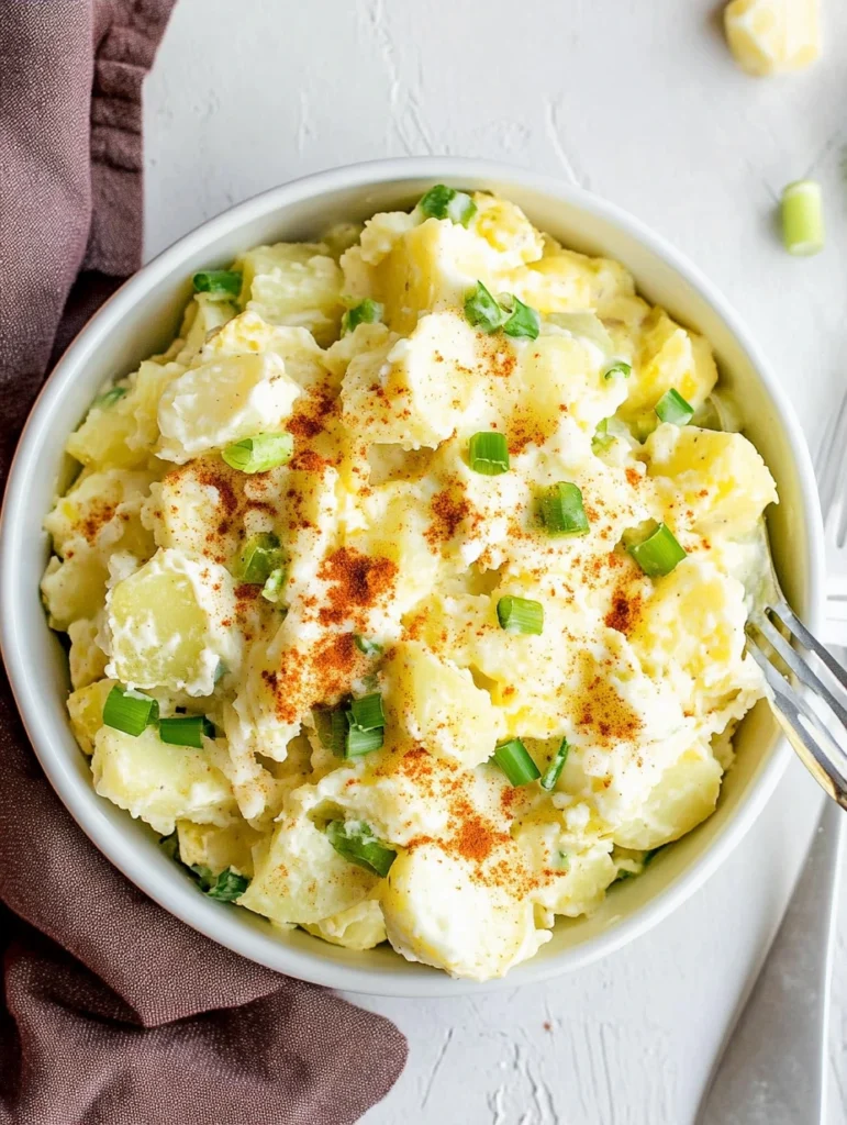 The Best Classic Southern Potato Salad Recipe 1 Creamy Classic Southern Potato Salad in a white bowl, garnished with paprika & green onion.