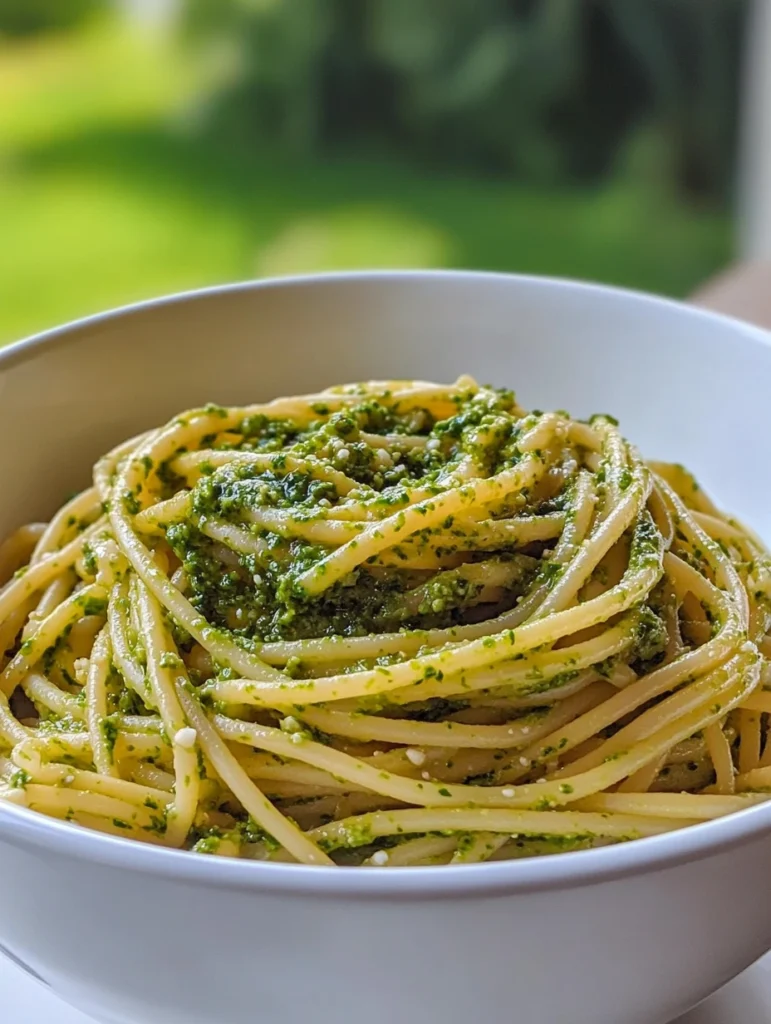 Fresh & Flavorful Garlic Scape Pesto Recipe (Seasonal Delight!) 3 Hot pasta tossed with vibrant green Garlic Scape Pesto in a white bowl.