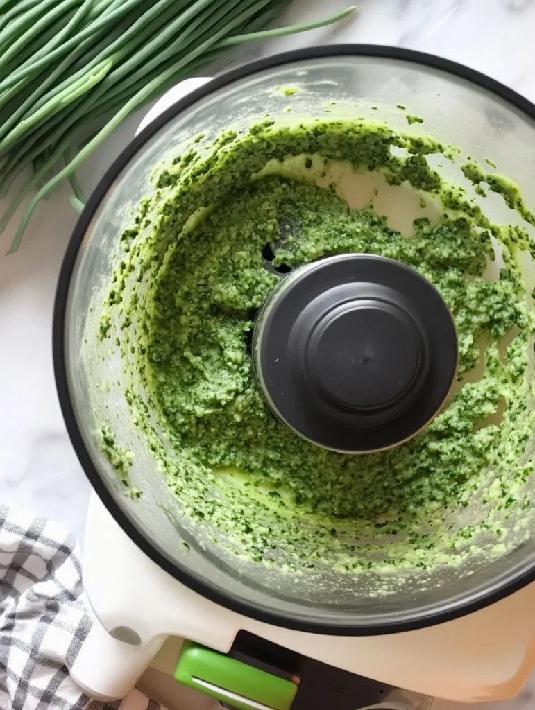 Fresh & Flavorful Garlic Scape Pesto Recipe (Seasonal Delight!) 2 Ingredients for Garlic Scape Pesto (scapes, pine nuts, Parmesan) in a food processor bowl.
