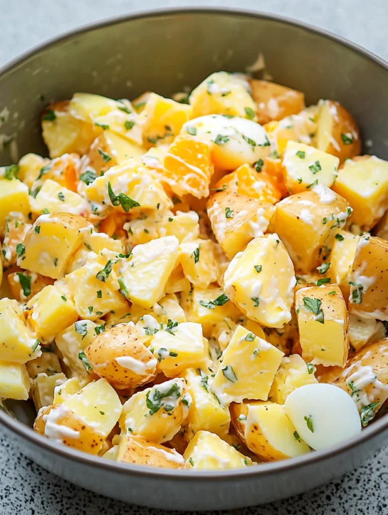 The Best Classic Southern Potato Salad Recipe 2 Mixing cooked potato cubes, eggs, celery, green onion, and creamy dressing in a bowl for Southern Potato Salad.