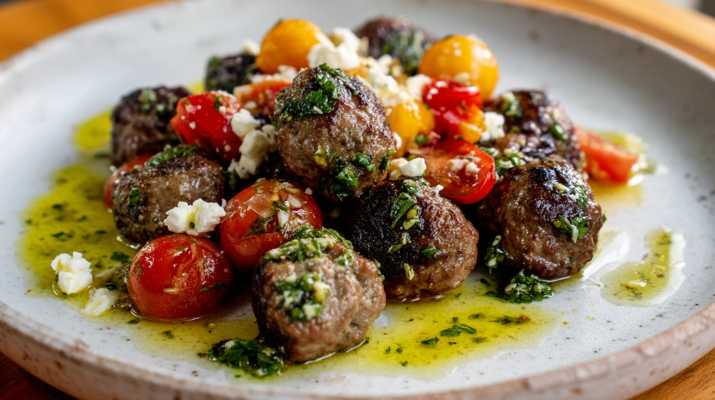 Plate of Sheet Pan Meatballs with Tomato Salad and Green Sauce