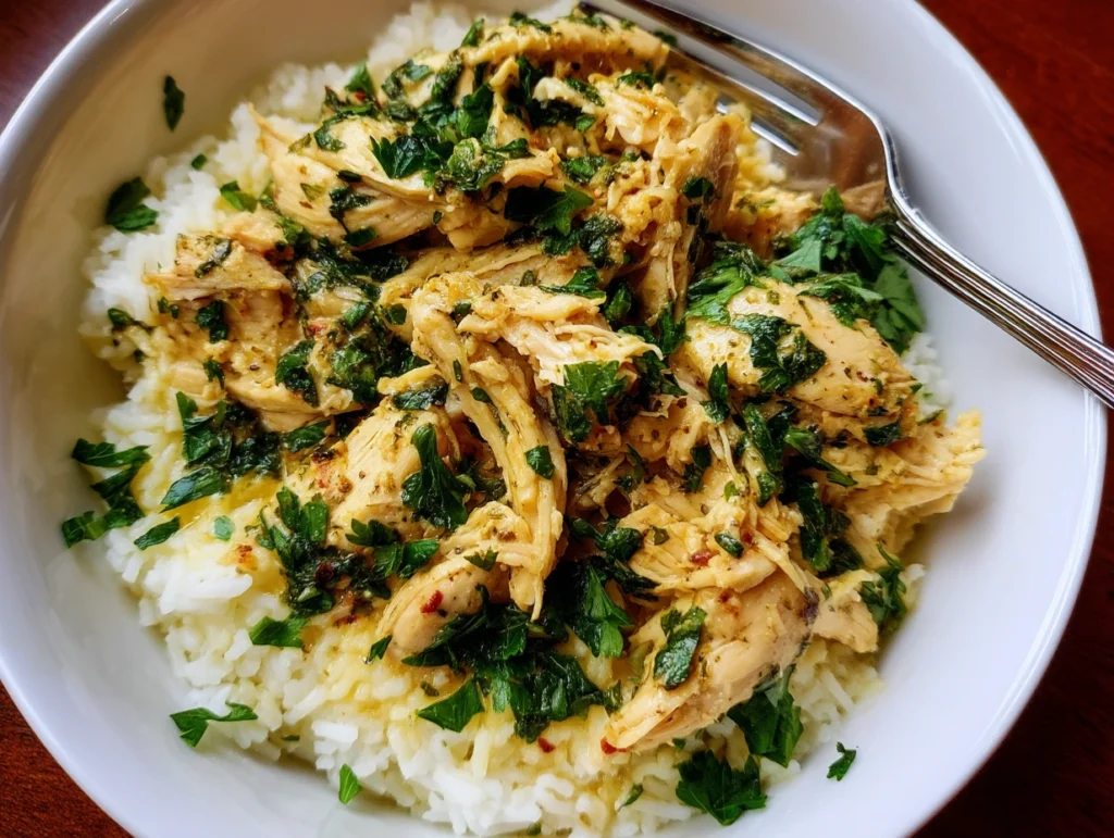 Easy Slow Cooker Italian Chicken (Seriously Simple!) 3 Plated serving of Easy Slow Cooker Italian Chicken over rice