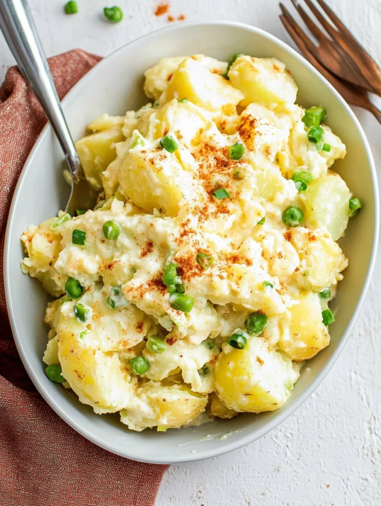 The Best Classic Southern Potato Salad Recipe 3 Plated serving of creamy Classic Southern Potato Salad with visible egg, celery, onion, and paprika garnish.