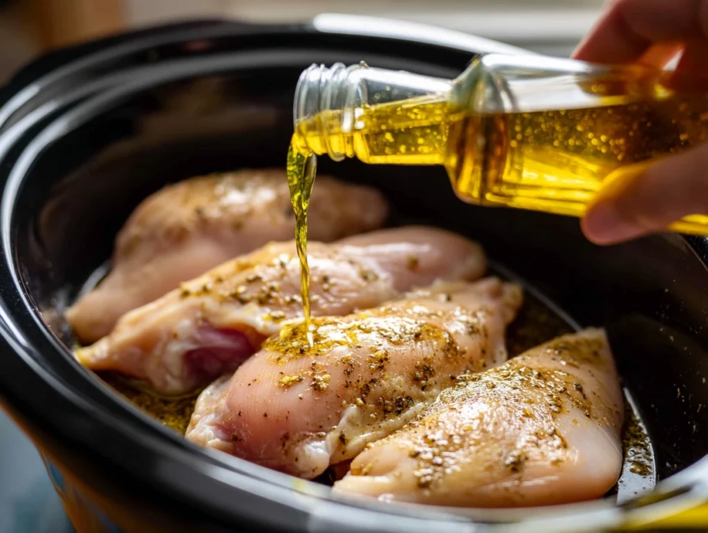 Easy Slow Cooker Italian Chicken (Seriously Simple!) 2 Pouring Italian dressing over chicken breasts in a slow cooker