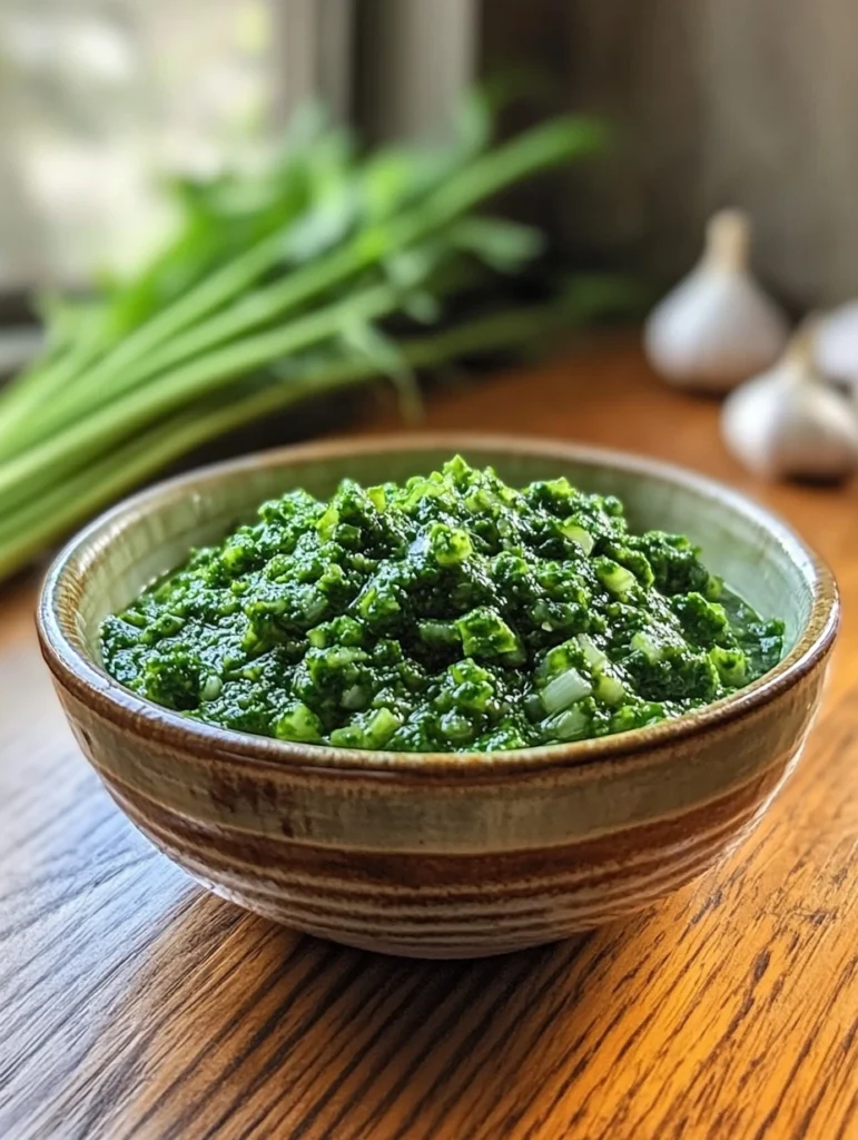 Fresh & Flavorful Garlic Scape Pesto Recipe (Seasonal Delight!) 1 Vibrant green Garlic Scape Pesto in a rustic bowl with ingredients like scapes, pine nuts, and Parmesan cheese nearby.