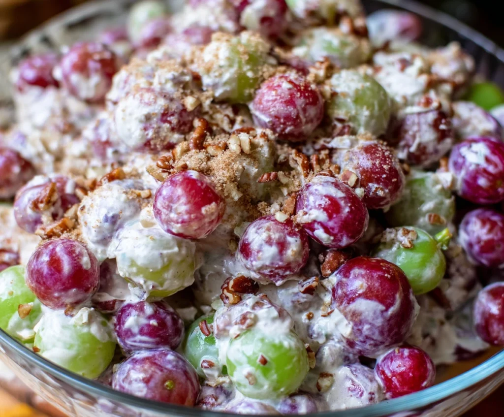 Incredibly Easy Creamy Grape Salad Recipe (5-Minute Favorite!) 1 Easy Creamy Grape Salad Recipe in a large serving bowl topped with pecans