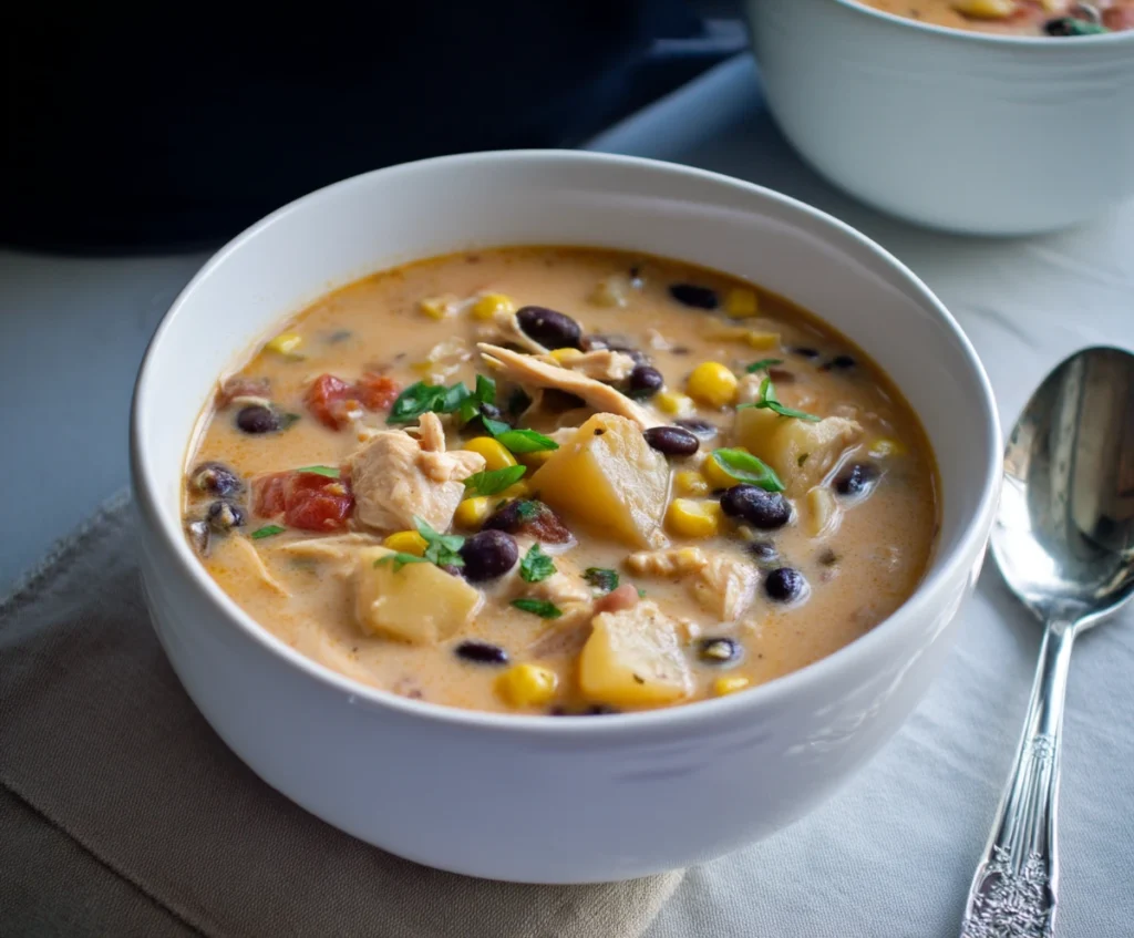 Smoky Slow Cooker Chipotle Chicken Corn Chowder beautifully presented in a bowl