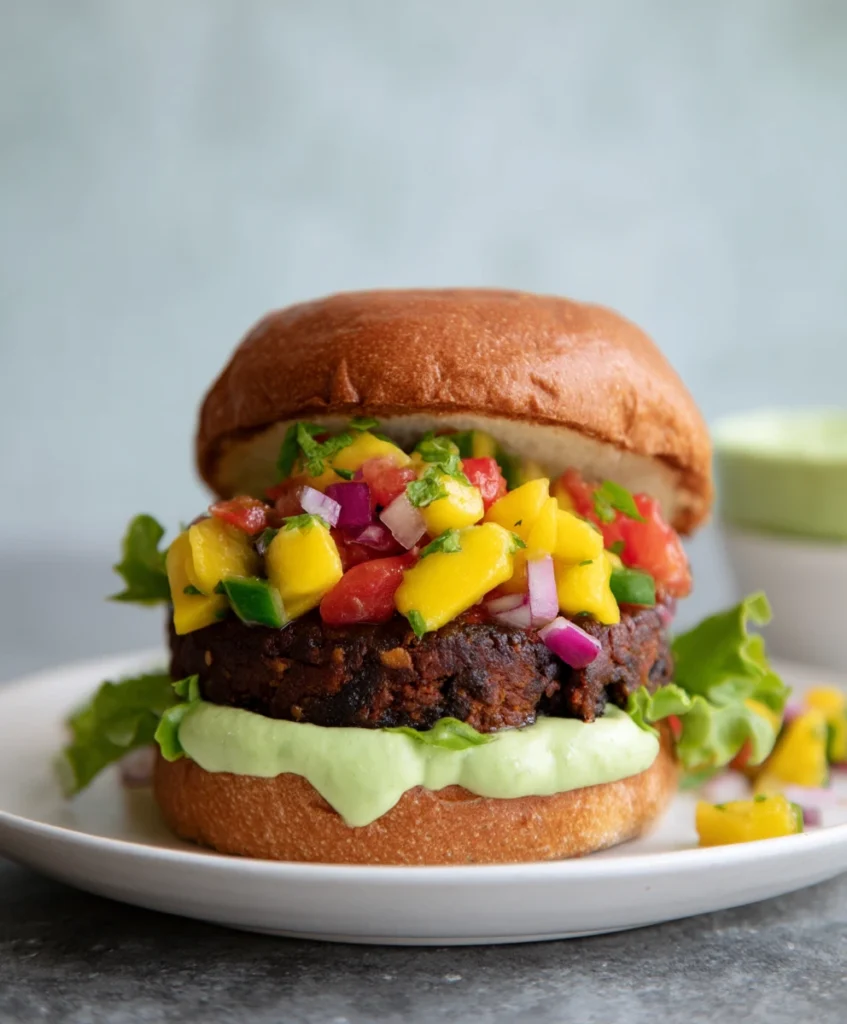 Sensational Black Bean Burgers with Avocado Crema & Mango Salsa 3 A perfectly plated Black Bean Burger with Avocado Crema and Mango Salsa, showing appealing layers and textures.