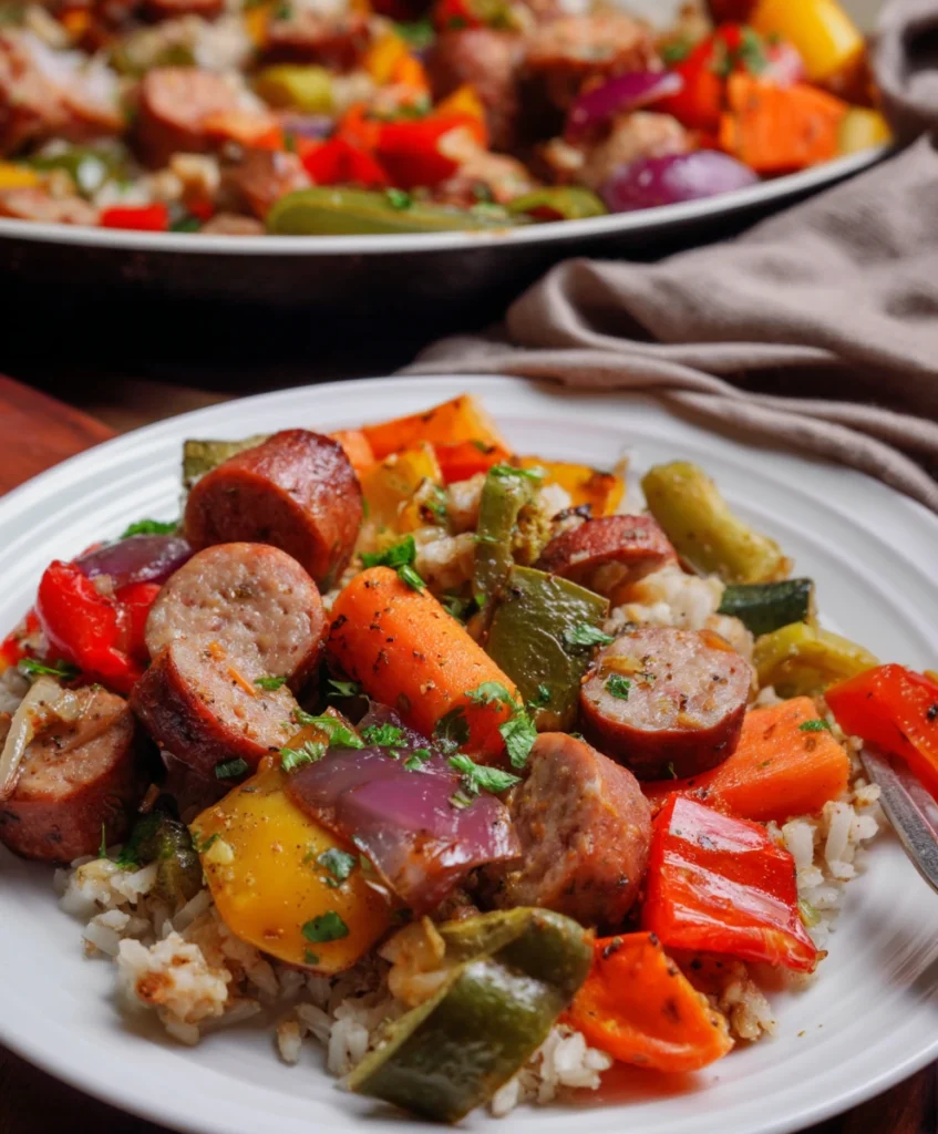 Easy One-Pan Cajun Sausage and Veggie Bake: Your New Weeknight Favorite! 3 A plated serving of the One-Pan Cajun Sausage and Veggie Bake, featuring tender vegetables and savory sausage, looking delicious.