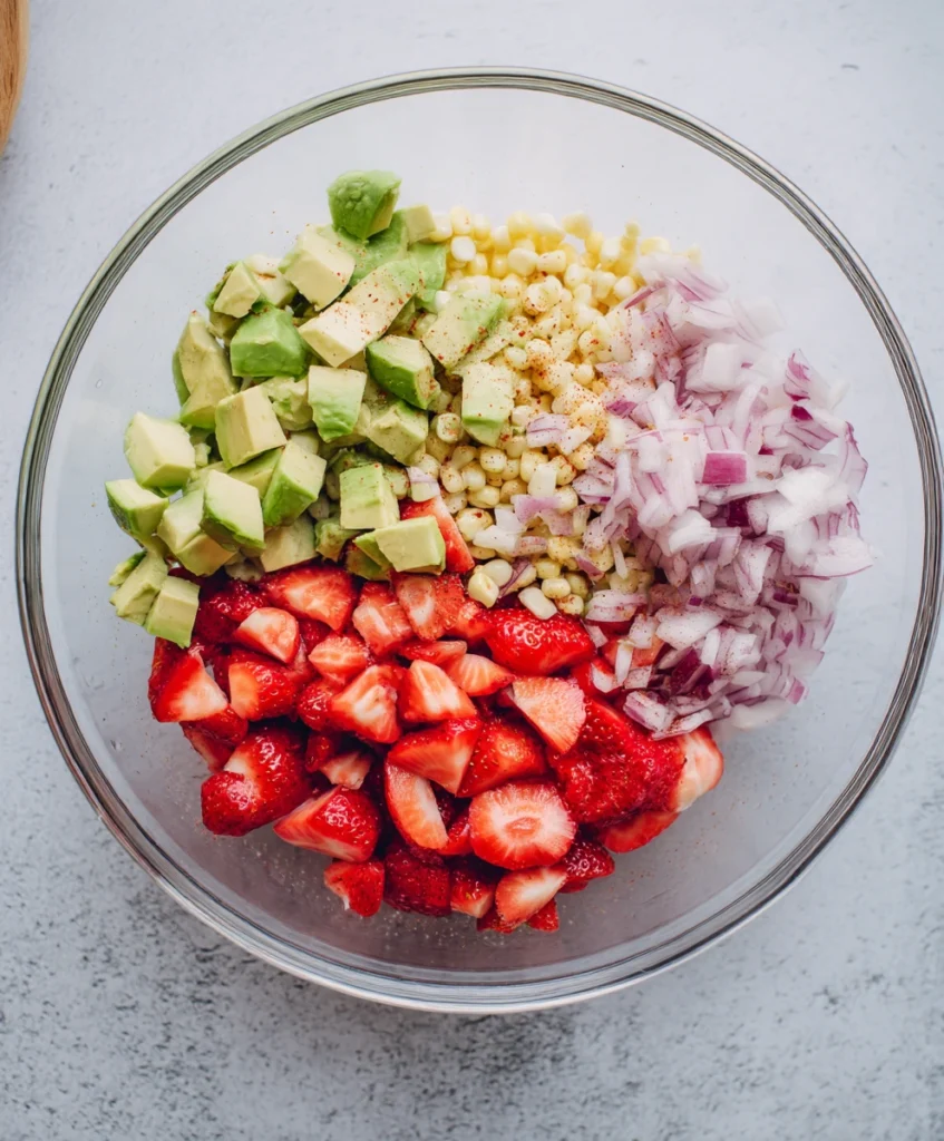 Easy Strawberry Avocado Corn Salad Recipe – 1 Summer Favorite! 2 Bowls of chopped strawberries, diced avocado, corn kernels, and chopped red onion ready for mixing into salad.