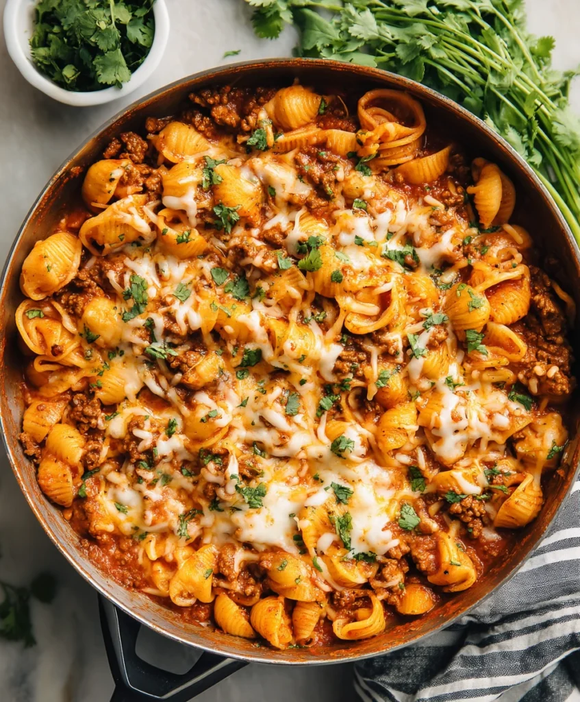 Easy Cheesy Beef Taco Pasta – Your New Favorite One-Pot Meal! 1 Cheesy Beef Taco Pasta in a skillet, loaded with ground beef, pasta, and melted cheese.