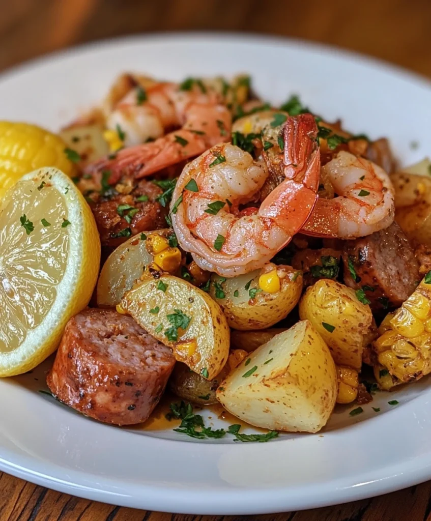 Easy Sheet Pan Shrimp Boil Recipe 3 Close-up of a plated serving of sheet pan shrimp boil with shrimp, sausage, corn, and potatoes.