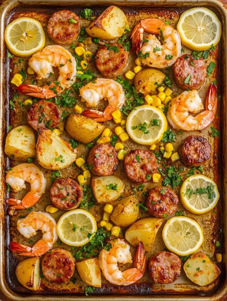 Easy Sheet Pan Shrimp Boil Recipe 1 Easy sheet pan shrimp boil on a baking sheet with shrimp, sausage, corn, potatoes, and lemon.