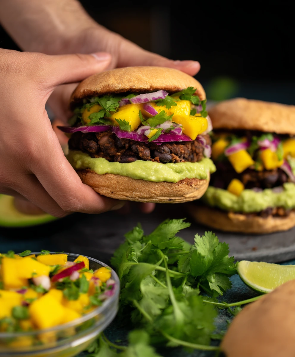 Sensational Black Bean Burgers with Avocado Crema & Mango Salsa