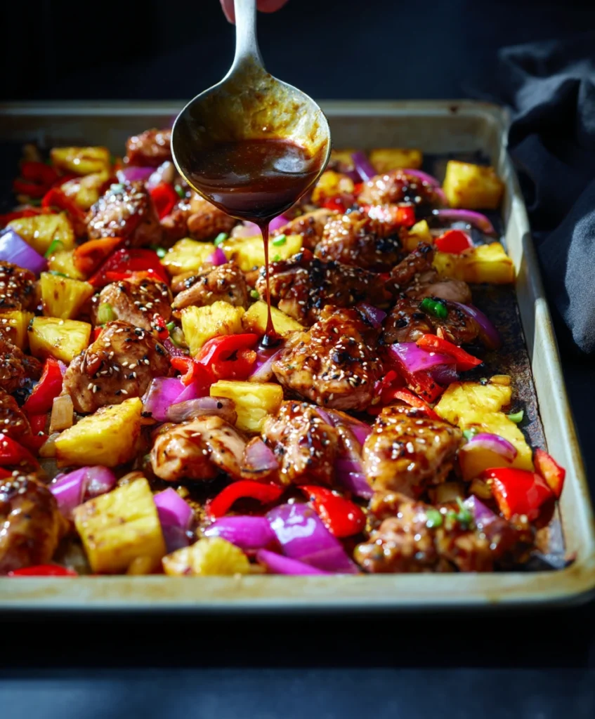 Effortless Sheet Pan Korean BBQ Chicken and Pineapple with Sesame-Ginger Glaze 2 Ingredients for Korean BBQ Chicken and Pineapple—chicken, pineapple, bell peppers, onion—on a sheet pan before baking.