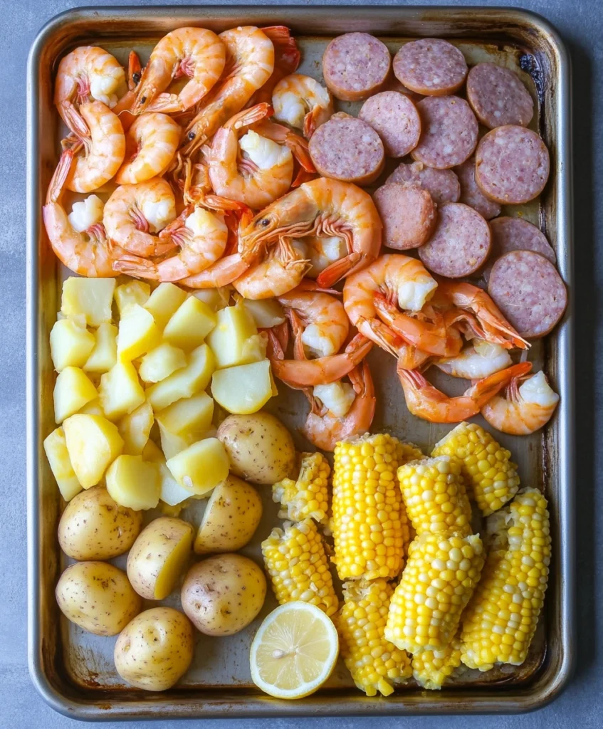 Easy Sheet Pan Shrimp Boil Recipe 2 Ingredients for sheet pan shrimp boil raw shrimp, sausage, corn, potatoes, lemon, and Old Bay seasoning.
