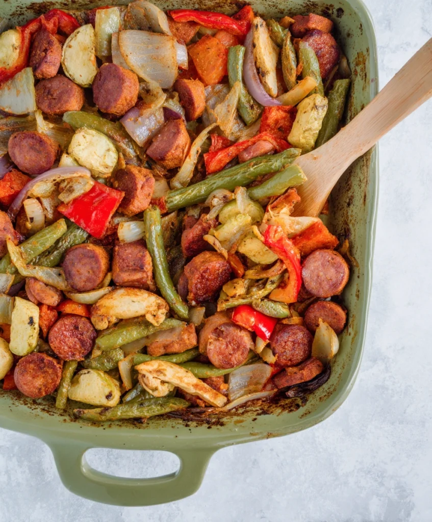 Easy One-Pan Cajun Sausage and Veggie Bake: Your New Weeknight Favorite! 1 Delicious One-Pan Cajun Sausage and Veggie Bake fresh from the oven, with colorful roasted vegetables and browned sausage on a sheet pan.