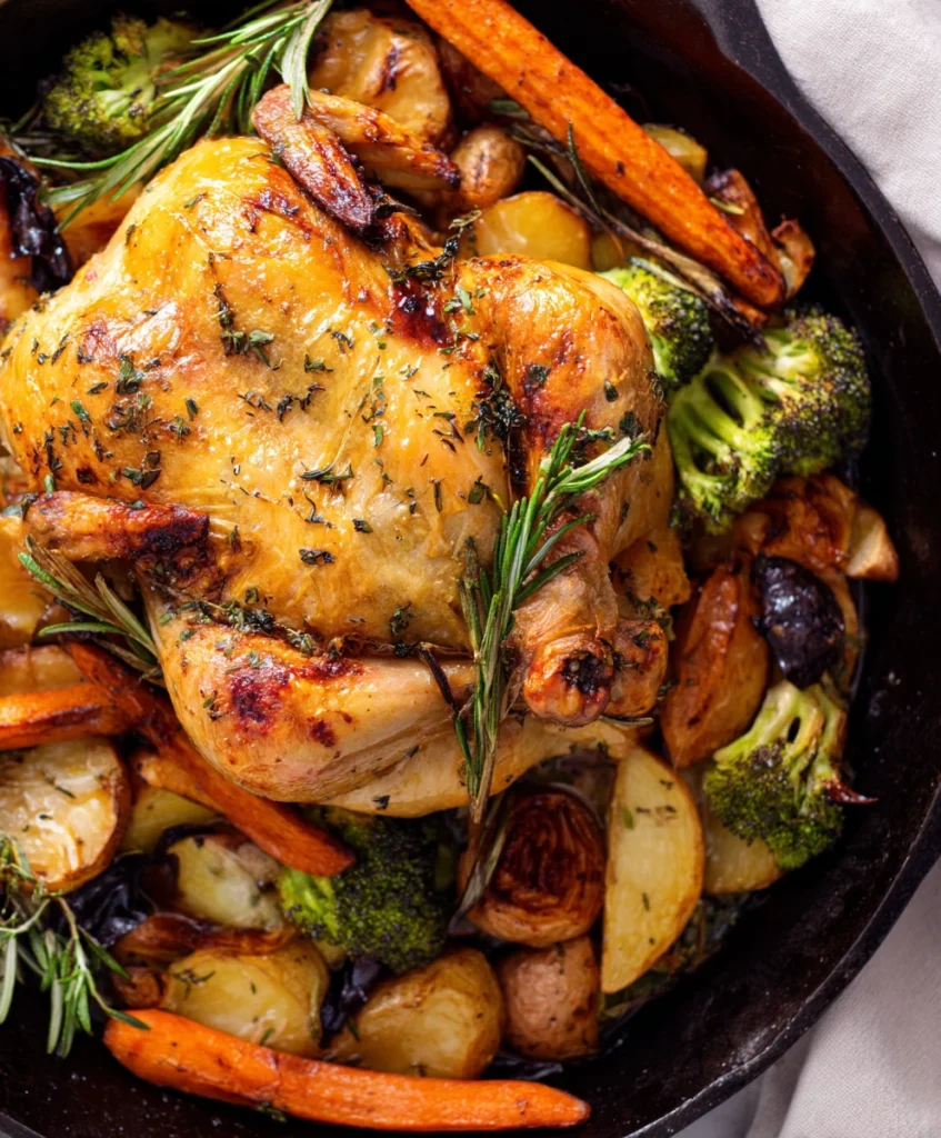 Ultimate One-Pan Lemon Herb Roasted Chicken and Veggies 1 One-Pan Lemon Herb Roasted Chicken and Veggies, golden-brown chicken, roasted vegetables, herbs, rustic skillet, delicious meal.