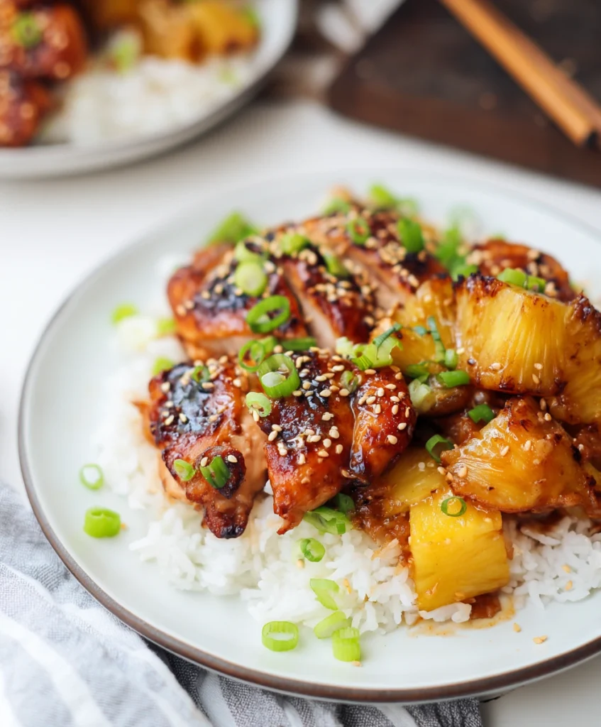 Effortless Sheet Pan Korean BBQ Chicken and Pineapple with Sesame-Ginger Glaze 3 Plated serving of Sheet Pan Korean BBQ Chicken and Pineapple over rice, garnished with green onions and sesame seeds.