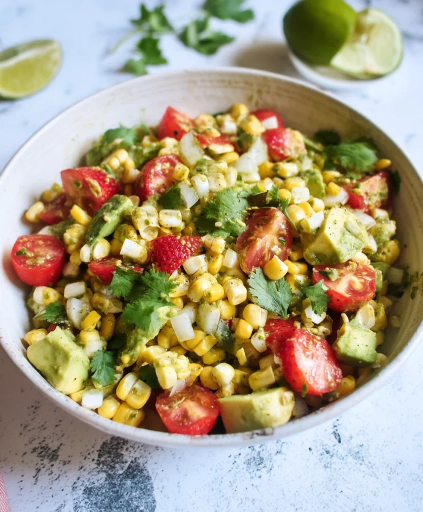 Easy Strawberry Avocado Corn Salad Recipe – 1 Summer Favorite! 3 Single serving of Strawberry Avocado Corn Salad showing the colorful mix of strawberries, avocado, and corn.