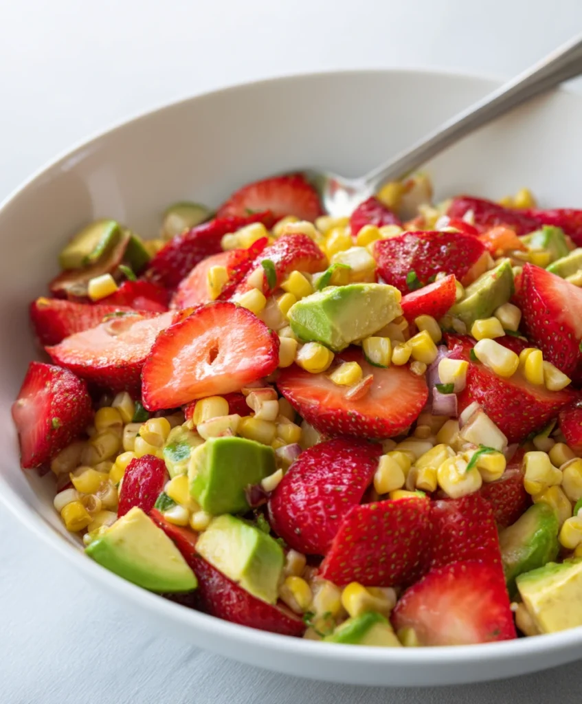 Easy Strawberry Avocado Corn Salad Recipe – 1 Summer Favorite! 1 Vibrant Strawberry Avocado Corn Salad in a bowl, showing sliced strawberries, diced avocado, and corn kernels.