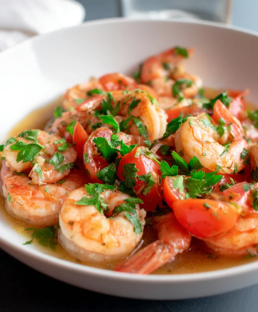 One-Pot Lemon-Garlic Shrimp & Tomatoes: Your 25-Minute Healthy Dinner 3 A plated bowl of one-pot lemon-garlic shrimp and tomatoes served over zucchini noodles.