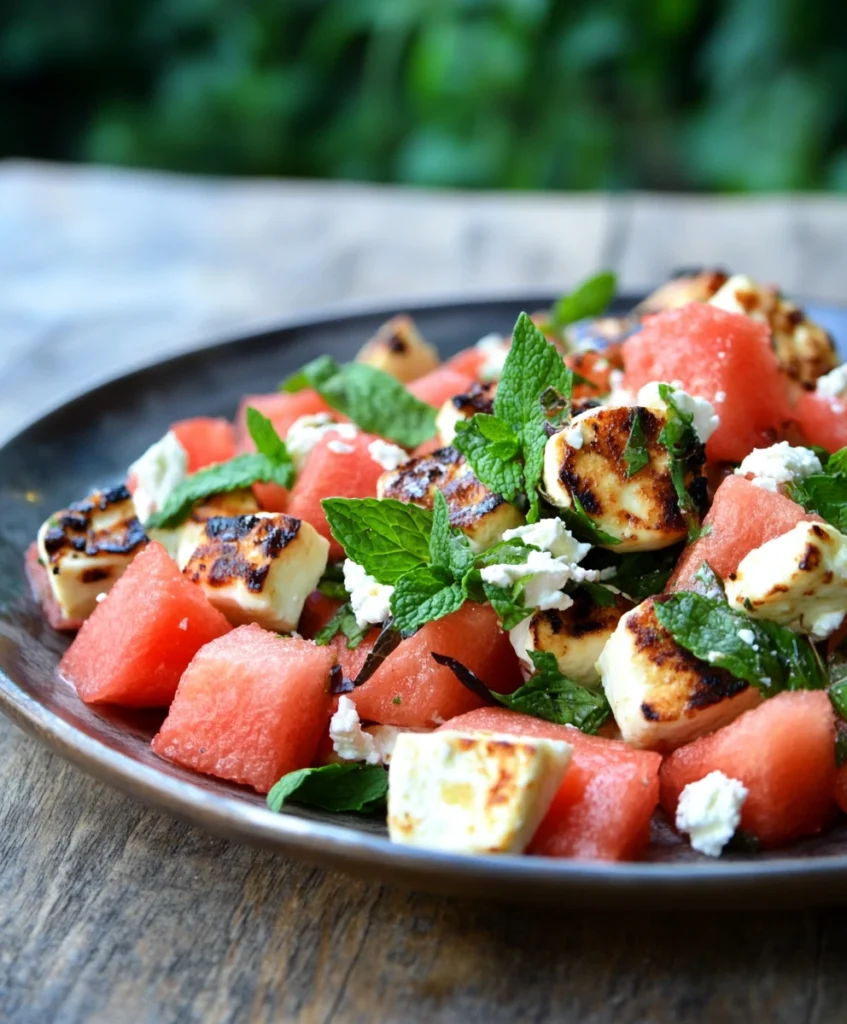 The Ultimate 5-Ingredient Spicy Watermelon & Feta Salad with Grilled Halloumi and Mint 1 Delicious spicy watermelon feta salad with grilled halloumi & mint. Bright, fresh summer salad recipe.