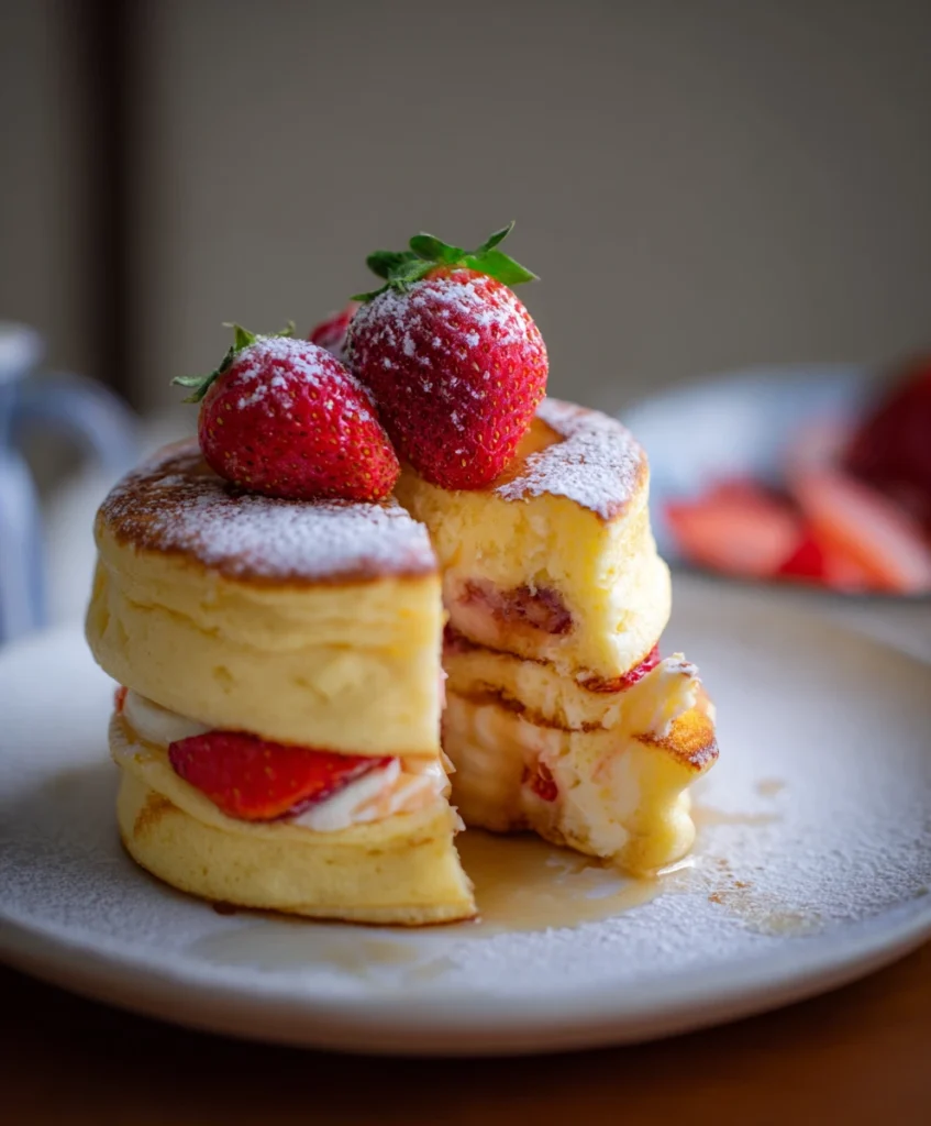 Easy Japanese Soufflé Pancakes: The Best Fluffy Recipe 1 Fluffy Japanese soufflé pancakes, golden brown, served with whipped cream and syrup. Delicious homemade recipe.