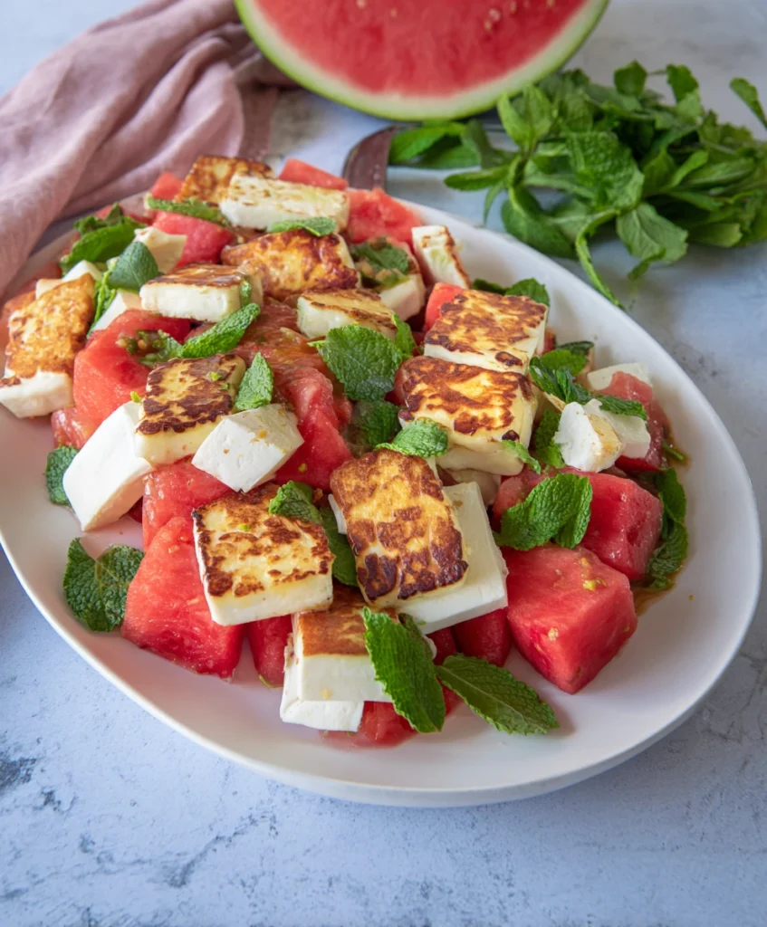 The Ultimate 5-Ingredient Spicy Watermelon & Feta Salad with Grilled Halloumi and Mint 3 Perfectly plated Spicy Watermelon & Feta Salad with Grilled Halloumi and Mint. Summer salad recipe for a light meal.