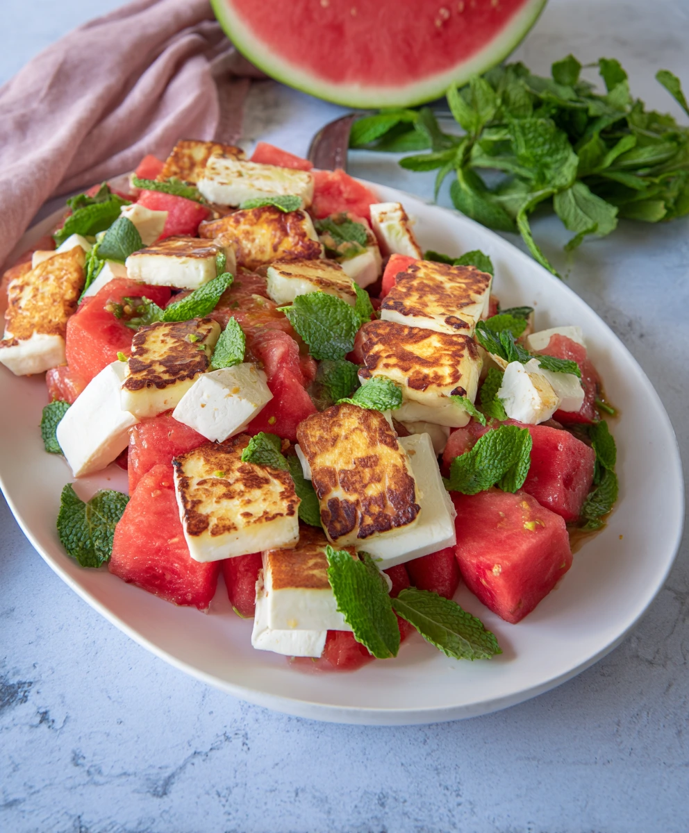 The Ultimate 5-Ingredient Spicy Watermelon & Feta Salad with Grilled Halloumi and Mint