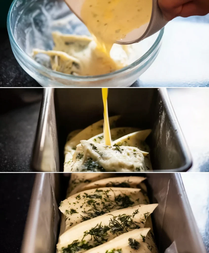 Savory Cheese, Herb & Garlic Quick Bread (No Yeast) 2 Steps for making Cheese, Herb & Garlic Quick Bread (No Yeast) mixing, pouring batter, baking.