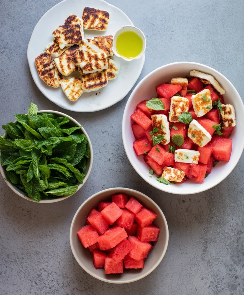 The Ultimate 5-Ingredient Spicy Watermelon & Feta Salad with Grilled Halloumi and Mint 2 Steps to make Spicy Watermelon & Feta Salad grilling halloumi, prepping watermelon & mint, dressing. Easy summer recipe!