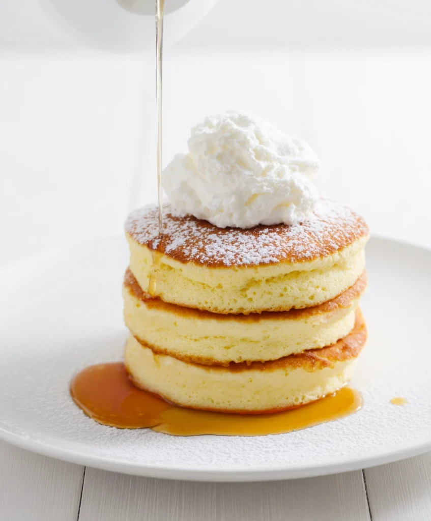 Easy Japanese Soufflé Pancakes: The Best Fluffy Recipe 3 Three perfectly plated Japanese soufflé pancakes, drizzled with syrup and whipped cream.