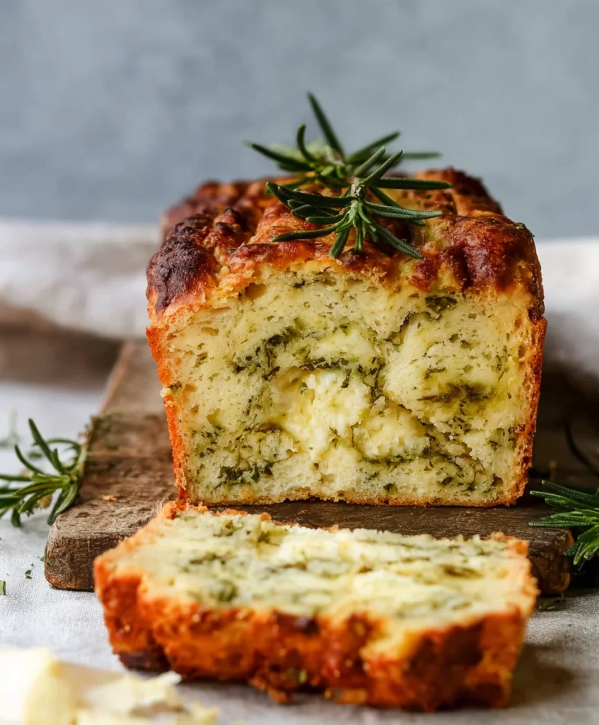 Savory Cheese, Herb & Garlic Quick Bread (No Yeast) 3 Warm slice of Cheese, Herb & Garlic Quick Bread (No Yeast) on rustic board, garnished with rosemary.